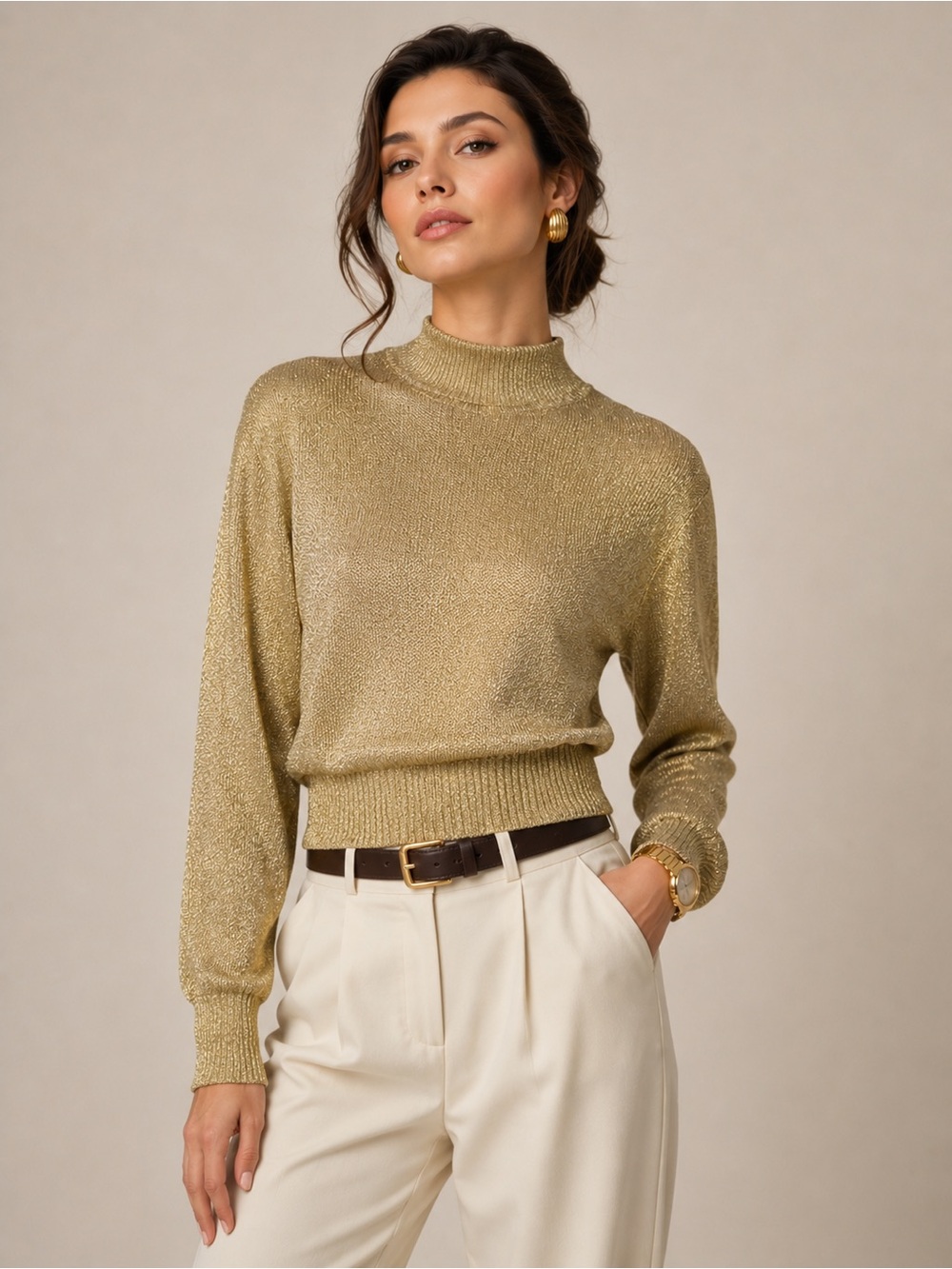 Vintage Doncaster Metallic Gold Mock Neck Sweater Top- Old Money Glam